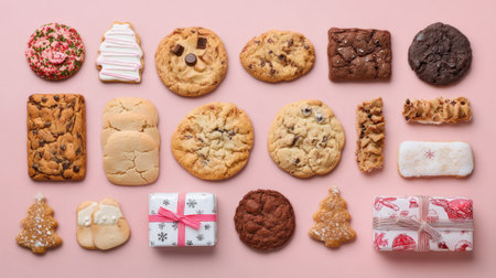 A vibrant spread of assorted cookies and treats on a soft pink surface, showcasing perfect sweetness and festive charm ideal for any celebration or gathering.の素材