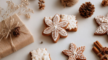A charming arrangement of beautifully decorated gingerbread cookies with intricate icing, combined with pine cones and dried flowers for a cozy holiday feel.の素材