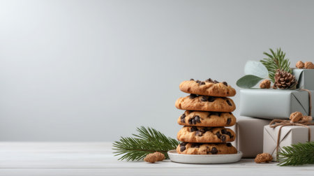 A delightful display of chocolate chip cookies stacked on a plate, accompanied by festive gift boxes and winter greenery, perfect for holiday celebrations.の素材