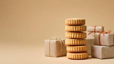 A delightful arrangement of stacked shortbread cookies beside neatly wrapped gift boxes, creating a warm and inviting atmosphere perfect for festive occasions.の素材