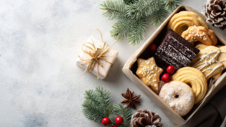 This festive arrangement features assorted holiday cookies in a rustic box, complemented by pine branches, decorative elements, and a cozy winter feel, perfect for celebrations.の素材