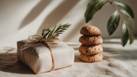 A charming scene featuring a carefully wrapped gift adorned with twine and greenery next to a stack of freshly baked cookies, evoking warmth and celebration.の素材