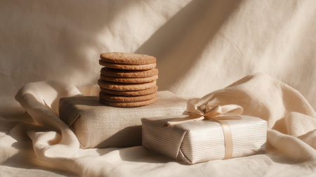 A charming arrangement featuring delicious cookies stacked elegantly on natural fabric, accompanied by beautifully wrapped gifts, ideal for festive celebrations and sweet moments.の素材