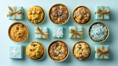 A delightful arrangement of various cookies placed around stylish gift boxes creates a perfect festive scene. Ideal for holiday celebrations and special occasions.の素材