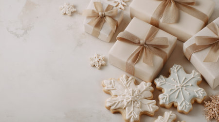 A charming winter holiday setup featuring beautifully wrapped gift boxes, delightful snowflake-shaped cookies, and elegant decorative elements on a soft marble background.の素材