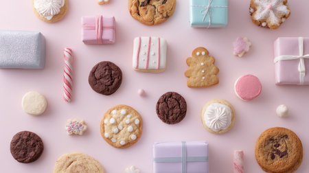 An array of delightful cookies and sweet treats arranged beautifully on a soft pink background, perfect for festive occasions and special celebrations.の素材