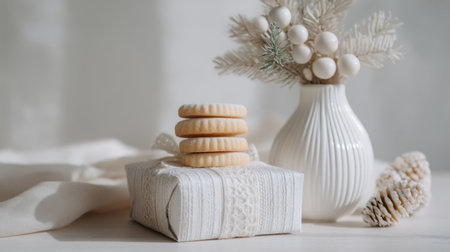 A charming winter still life featuring a neatly wrapped gift box, stacked cookies, and a decorative vase with white berries, perfect for cozy holiday moments.の素材