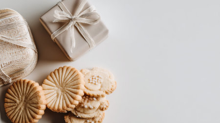 A charming arrangement featuring a beautifully wrapped gift box tied with a delicate ribbon alongside an assortment of delectable homemade cookies, perfect for any special occasion.の素材