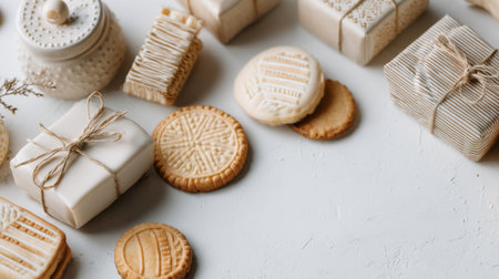A delightful scene featuring assorted homemade cookies alongside beautifully wrapped gift boxes, perfect for holiday celebrations and gatherings.の素材