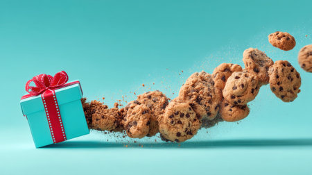 An enchanting scene featuring an explosion of chocolate chip cookies bursting from a beautifully wrapped gift box against a vibrant turquoise background, radiating joy.の素材