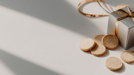 A beautifully arranged scene featuring a silver gift box with a golden ribbon next to round creamy cookies on a light surface. Soft shadows enhance the inviting atmosphere.の素材