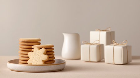 This image features beautifully stacked holiday cookies on a minimalist plate, accompanied by elegantly wrapped gifts, ideal for winter celebrations and cozy gatherings.の素材