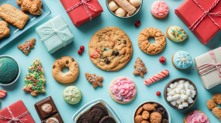 A vibrant arrangement of holiday cookies and sweets surrounded by colorful gift boxes, ideal for celebrating the festive season with joy and indulgence.の素材