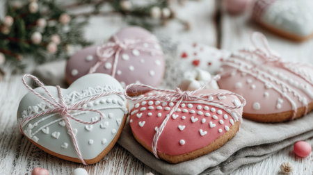Delight in this charming display of heart-shaped cookies decorated with pastel icing and twine, perfect for festive occasions or gifting to loved ones.の素材