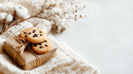Enjoy the delightful scene of chocolate chip cookies neatly placed on a beautifully wrapped gift box, accompanied by soft fabrics and delightful natural decor.の素材
