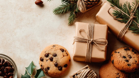 A warm and inviting holiday arrangement featuring freshly baked cookies, neatly wrapped gifts, and lush pine branches, perfect for seasonal festivities and cozy moments.の素材