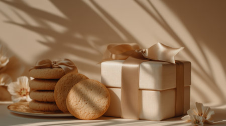 A stylish gift box adorned with a ribbon sits next to fresh cookies on a soft plate, with gentle shadows from flowers creating a warm and inviting atmosphere.の素材
