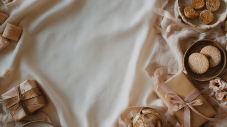 This beautiful flat lay features an array of gifts, cookies, and decorative items arranged on a soft fabric background, perfect for capturing moments of joy and celebration.の素材