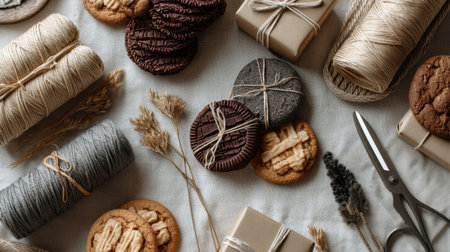 A cozy arrangement featuring assorted cookies alongside natural craft supplies, including twine and scissors, set on a rustic table for a charming display.の素材
