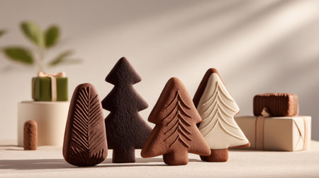 Delight in the charm of festive chocolate tree shapes beautifully arranged with holiday gifts, creating a warm atmosphere perfect for winter celebrations.の素材