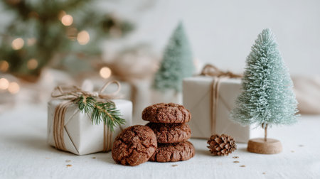 A charming arrangement featuring chocolate cookies, holiday gifts, and miniature green trees creates a cozy holiday atmosphere perfect for festive celebrations.の素材