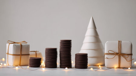 A cozy and visually appealing display featuring stacked chocolate cookies, decorative gift boxes, and a chocolate cone tree, surrounded by twinkling lights, perfect for festive moments.の素材