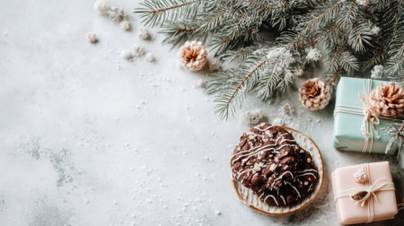 A delightful arrangement featuring a chocolate cookie on a plate, surrounded by pine branches and wrapped presents, perfect for winter celebrations and cozy gatherings.の素材