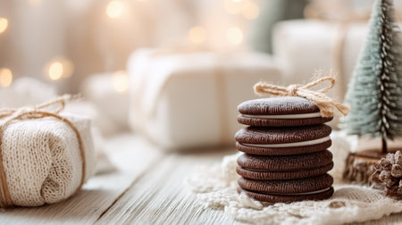 A charming winter scene showcasing stacked cookies next to beautifully wrapped gifts, set against a softly lit background, perfect for evoking holiday cheer and warmth.の素材