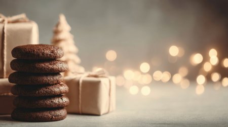 A tempting arrangement features stacked chocolate cookies alongside beautifully wrapped gifts and a delicate Christmas tree, ideal for holiday-themed projects.の素材
