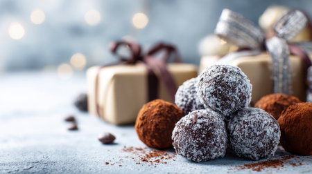 A tempting arrangement of rich chocolate truffles lies on a soft tablecloth, complemented by beautifully wrapped gift boxes and warm festive lights, perfect for celebrations.の素材