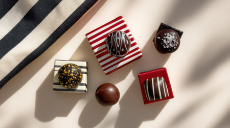 An elegant display of gourmet chocolates featured in decorative boxes showcases a variety of textures and designs, creating a visually appealing treat for any occasion.の素材