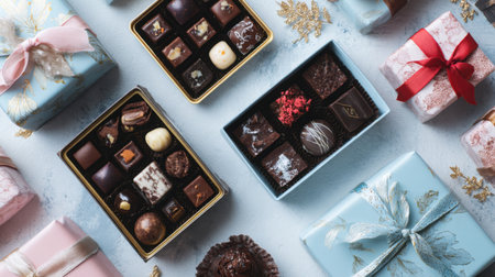 A stunning overhead view of assorted chocolates artfully arranged with beautifully wrapped gift boxes in pastel colors, ideal for any celebration or personal treat.の素材