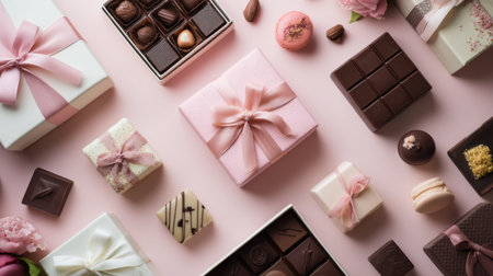 A beautiful arrangement of assorted chocolates and elegantly wrapped gift boxes on a soft pink background. Perfect for any celebration or sweet indulgence.の素材
