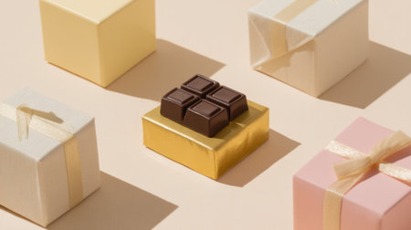 This charming arrangement features a rich chocolate piece atop a gold-wrapped gift surrounded by pastel-colored boxes, perfect for enhancing celebrations and events.の素材