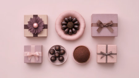 This visually appealing image features a sophisticated display of chocolates and elegantly wrapped gifts on a soft pink background, perfect for celebrations.の素材