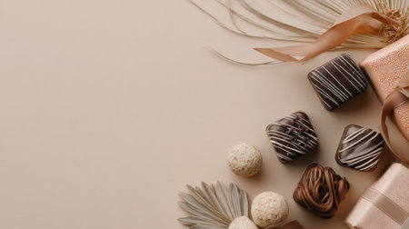 A beautiful arrangement showcasing assorted gourmet chocolates on a soft beige background. Ideal for food photography, culinary designs, and festive celebrations.の素材