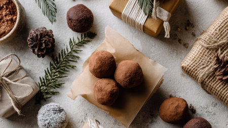 An inviting setup featuring homemade chocolate truffles surrounded by seasonal decorations and beautifully wrapped gifts, perfect for festive gatherings and celebrations.の素材