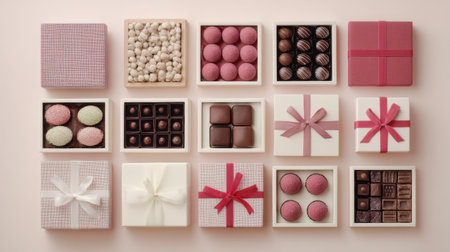 This image showcases a stunning array of assorted chocolates and sweets elegantly arranged in gift boxes against a soft pink background, perfect for any celebration.の素材