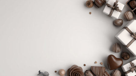 This image showcases an elegant display of assorted chocolates and beautifully wrapped gift boxes against a soft background, ideal for festive occasions and sweet celebrations.の素材