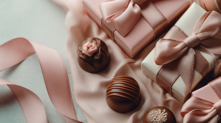 This image showcases beautifully crafted gourmet chocolates accompanied by elegant gifts, all resting on soft fabric. Perfect for celebrations and special moments.の素材