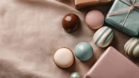 A delightful collection of macarons and elegantly wrapped gift boxes on soft fabric, perfect for celebrations. Ideal for festive events or culinary showcases.の素材