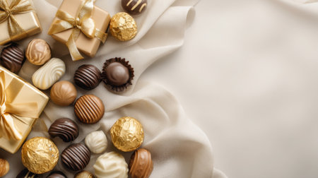 Explore a mesmerizing arrangement of chocolates and beautiful gifts on a soft fabric background, ideal for showcasing celebrations, holidays, and special occasions.の素材