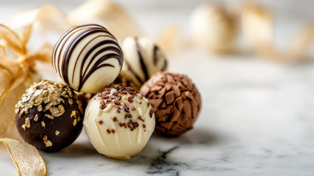 This captivating image showcases a collection of exquisite chocolate truffles adorned with unique toppings, set against a sleek marble surface, perfect for dessert lovers.の素材