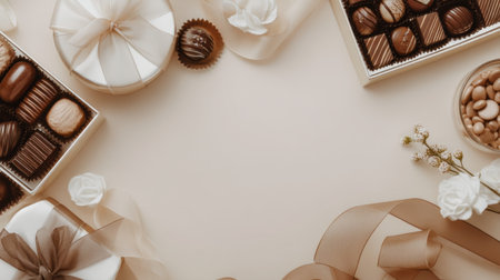 This beautiful layout features assorted gourmet chocolates and delicate floral elements, perfect for celebrations, gifting, or simply indulging in a sweet moment.の素材