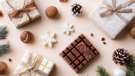 A beautifully arranged display of chocolates and gifts, featuring festive decorations. Perfect for capturing the essence of holiday joy and sweet indulgence.の素材