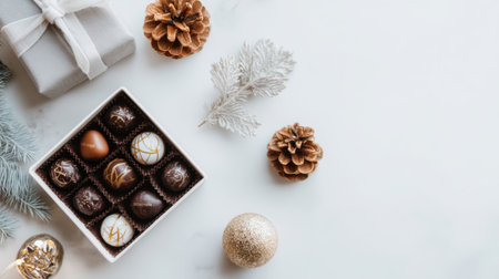 This image features an elegant arrangement of assorted chocolates in a decorative box, complemented by festive pine cones and golden ornaments, perfect for holiday celebrations.の素材