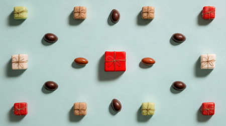 A creative flat lay of assorted colorful gift boxes and chocolate eggs arranged on a soft blue background, perfect for festive celebrations and joyful occasions.の素材