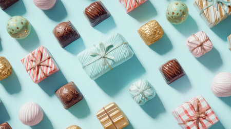 A vibrant collection of beautifully crafted chocolates and wrapped gifts set against a serene light blue background, perfect for festive celebrations and special moments.の素材
