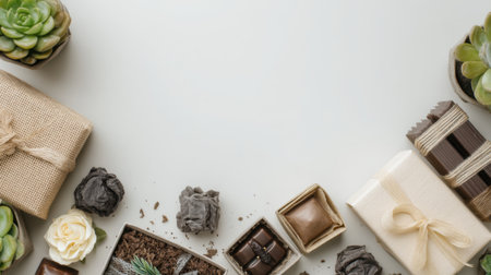 This beautifully styled flatlay features an elegant arrangement of gifts, chocolates, and succulent plants, perfect for celebrations, special occasions, and delightful surprises.の素材