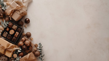 Discover a beautiful flat lay composition featuring elegant gift boxes and assorted chocolates, perfect for festive celebrations, winter holidays, or special occasions.の素材